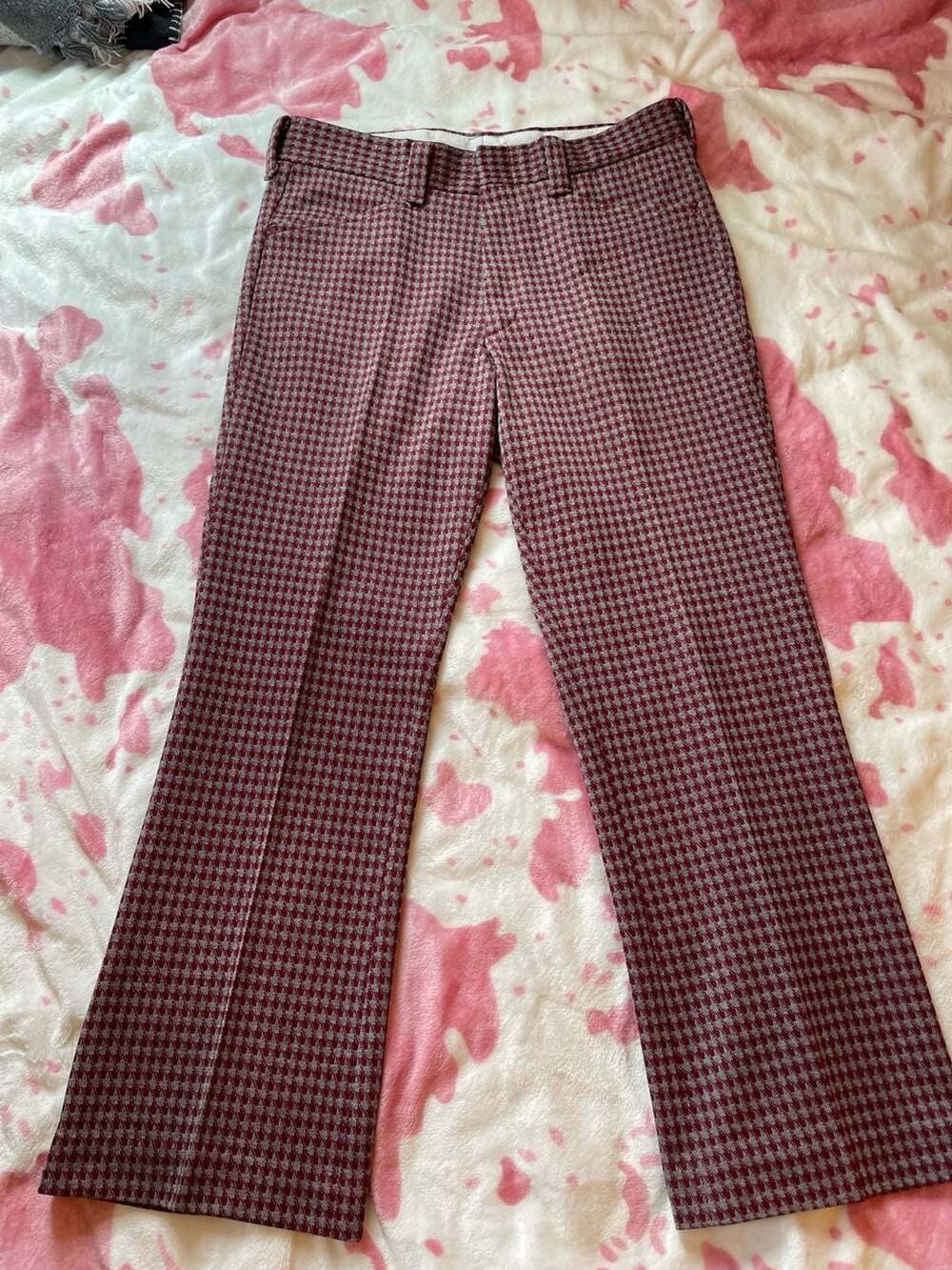 Vintage Farah Houndstooth Trousers Burgundy Grey 32x27